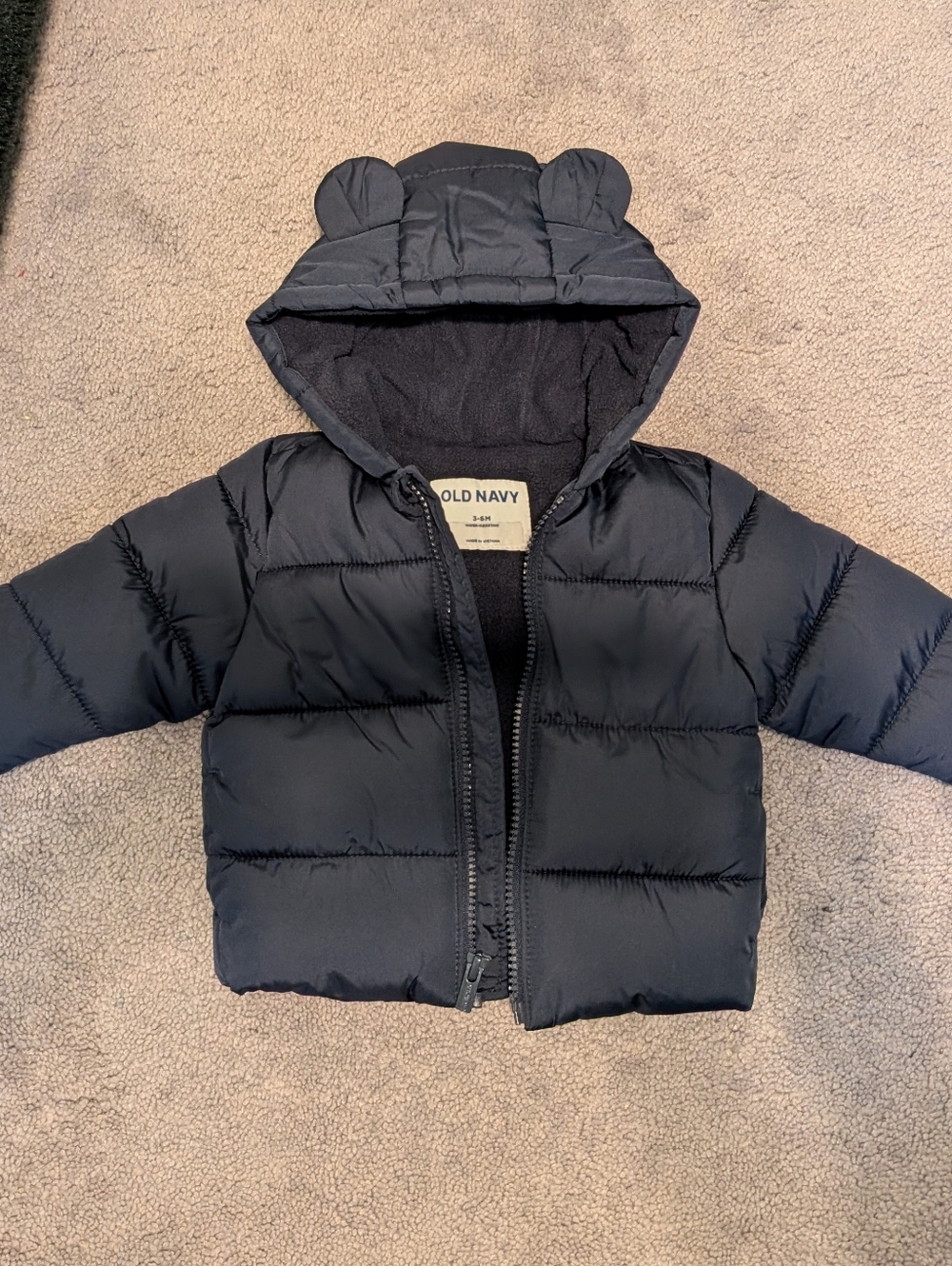 Old Navy Baby Bear Puffer Jacket Navy Bear Ears Hood 3-6 Months
